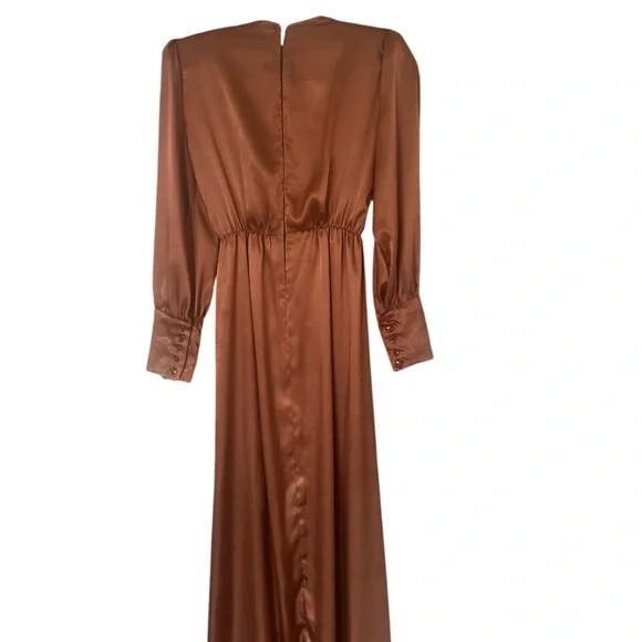 Long Sleeve V-Neck Satin Maxi Dress in Rust - Picture 4 of 8